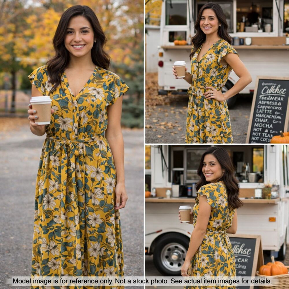 Who What Wear Yellow Floral Midi Dress Large Flutter Sleeve Tie Waist